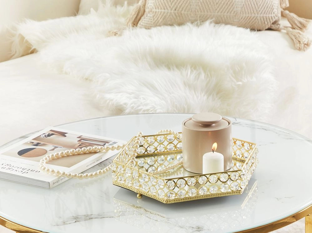 Vassoio decorativo in ferro dorato e vetro esagonale a specchio con strass da tavolo con i glamour