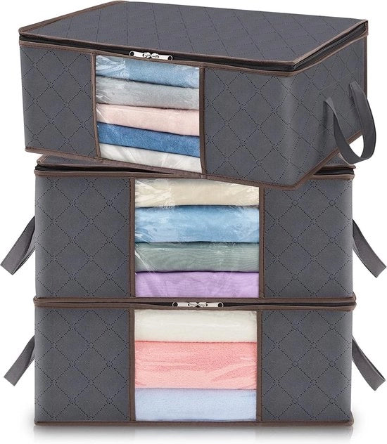 Organizzatori di Abbigliamento - Set da 3 - Contenitori Opachi da 35L - Con Maniglie Rafforzate - Finestra Vetrata - Ideali per Maglioni, Giacche, Coperte - Grigio
