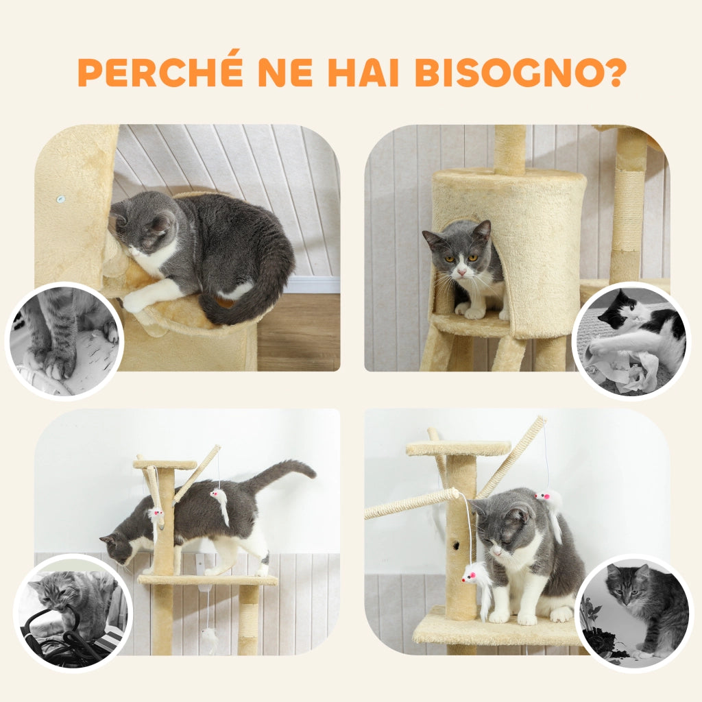 Albero Tiragraffi per Gatti 60x35x134 cm con Casetta Trespolo Piattaforme e 4 Topolini Appesi in Truciolato e Sisal
