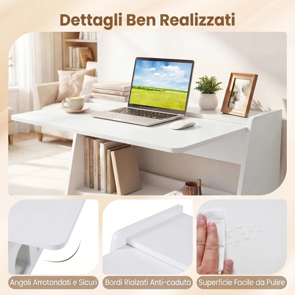 Scrivania Salvaspazio, Scrivania Pieghevole con Ruote, Ripiano Aperto, Ripiani Nascosti e Cuccie per Gatti, Scrittoio Moderno e Multifunzionale per Studio, Salotto e Camera da Letto (Bianco)