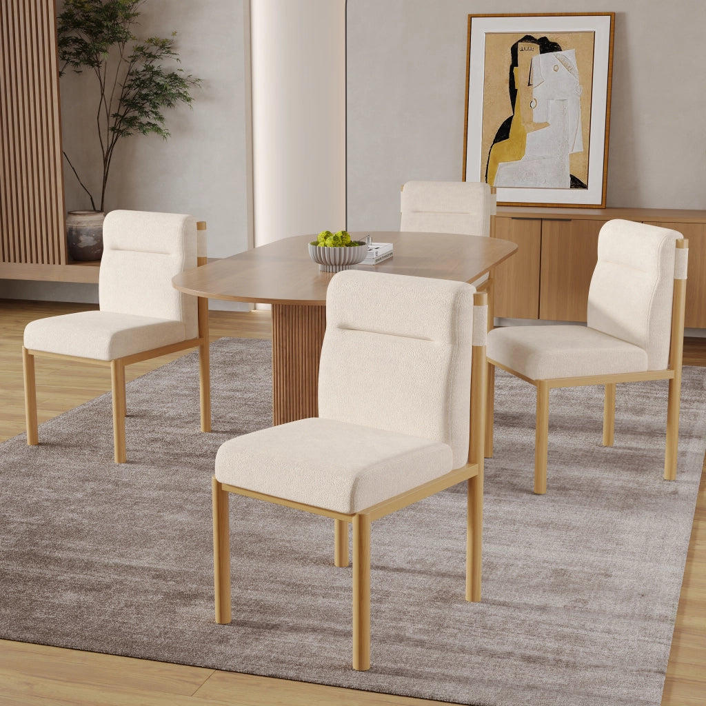 Sedie da pranzo set 4 pezzi con seduta imbottita e schienale in sherpa, metallo beige, design minimalista scandinavo