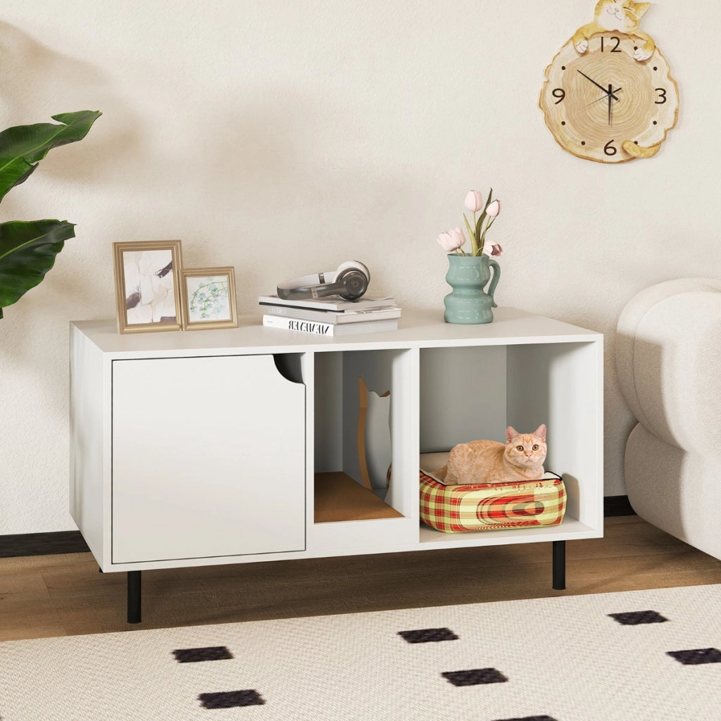 Enclosure per lettiera per 2 gatti con pannello grattugia rimovibile, Casa per gatti a due stanze in legno Bianco-Lettini e divanetti