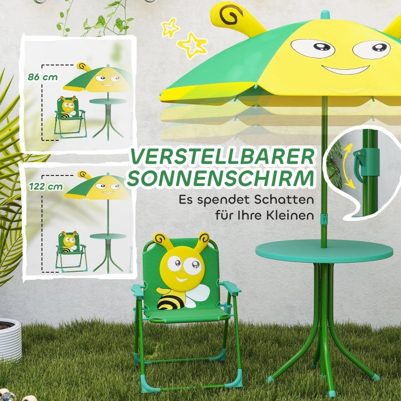 Set di mobili da giardino per bambini, composto da sedie, tavolo e ombrellone, con motivo ape, nei colori verde e giallo.