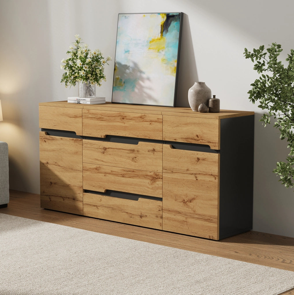 Sideboard 160x40x80 cm con 2 ante e 4 cassetti in pannello truciolare naturale e nero