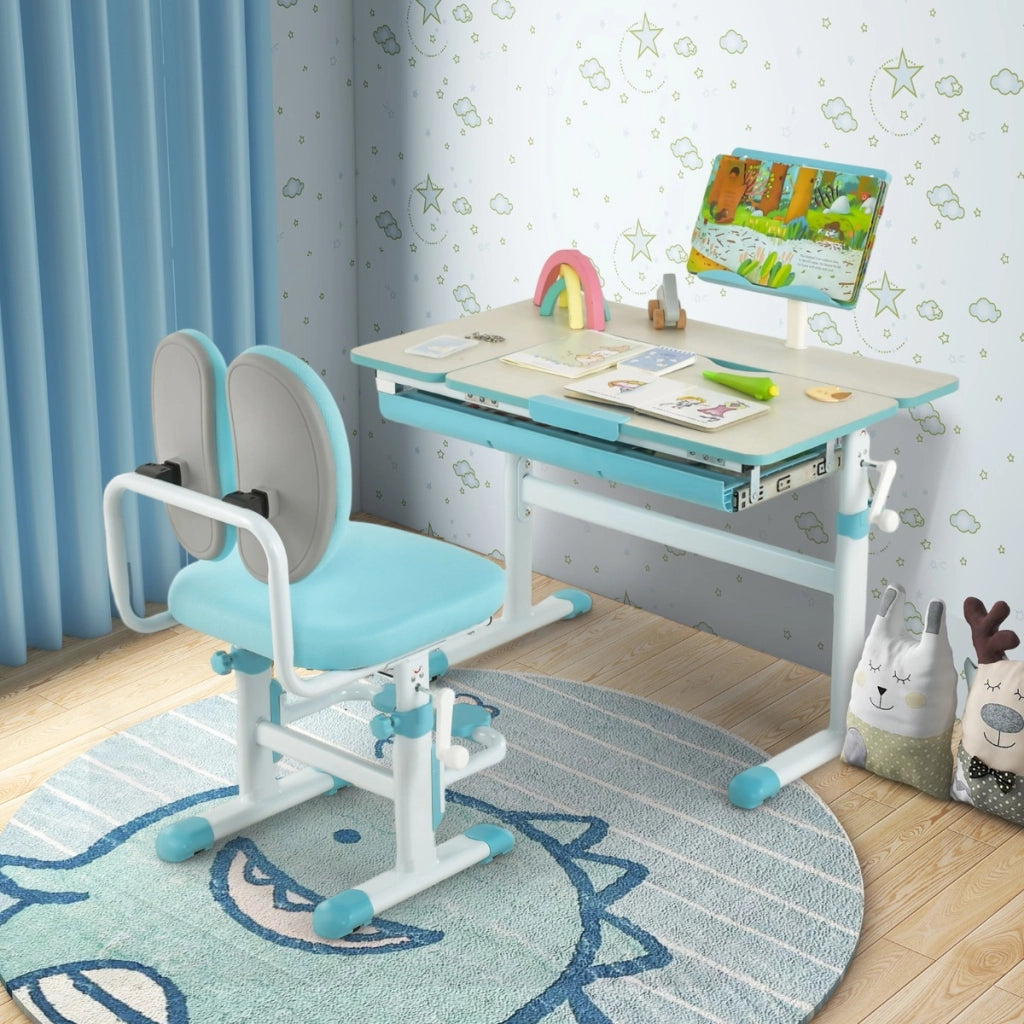 Scrivania per bambini regolabile in altezza e sedia per scrivania, Tavolo ergonomico azzurro e sedile girevole a rete-Tavoli e sedie