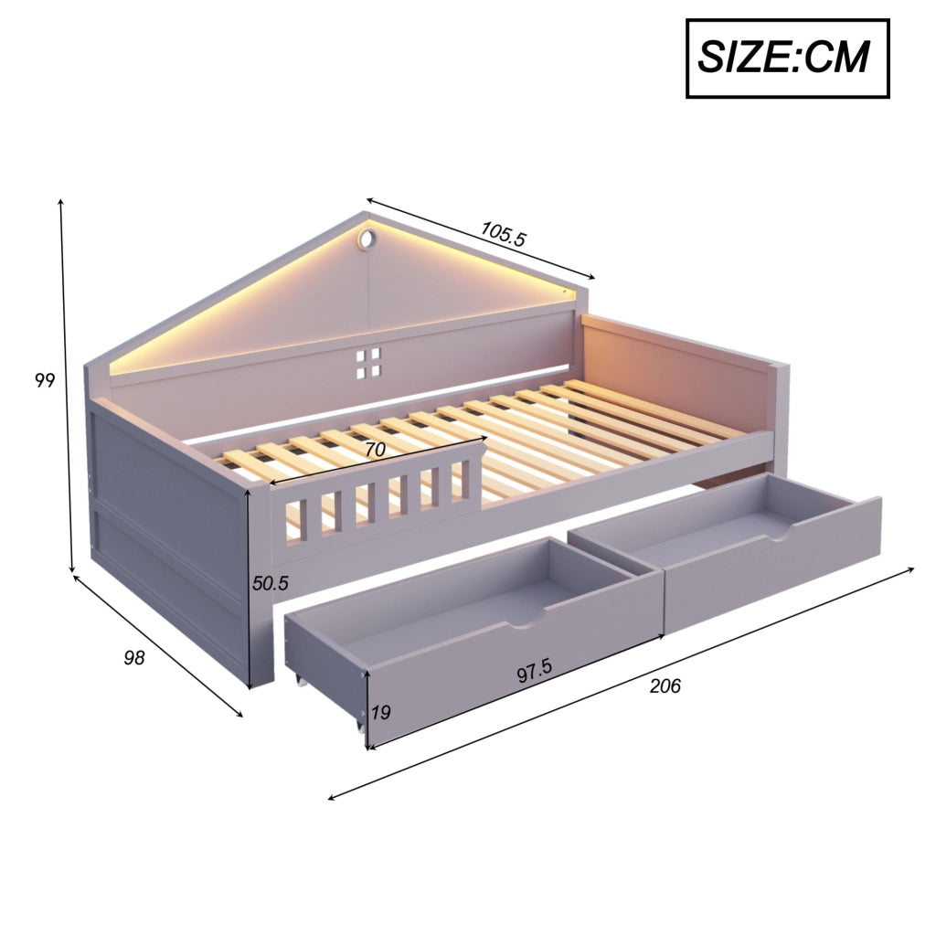 Letto singolo multifunzione 90x200 cm con LED e cassetti grigio