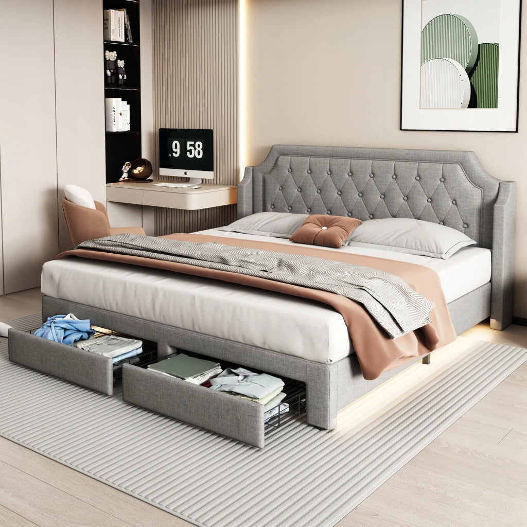 Letto matrimoniale 180x200 - Xylo - LED, 2 cassetti, lino, grigio