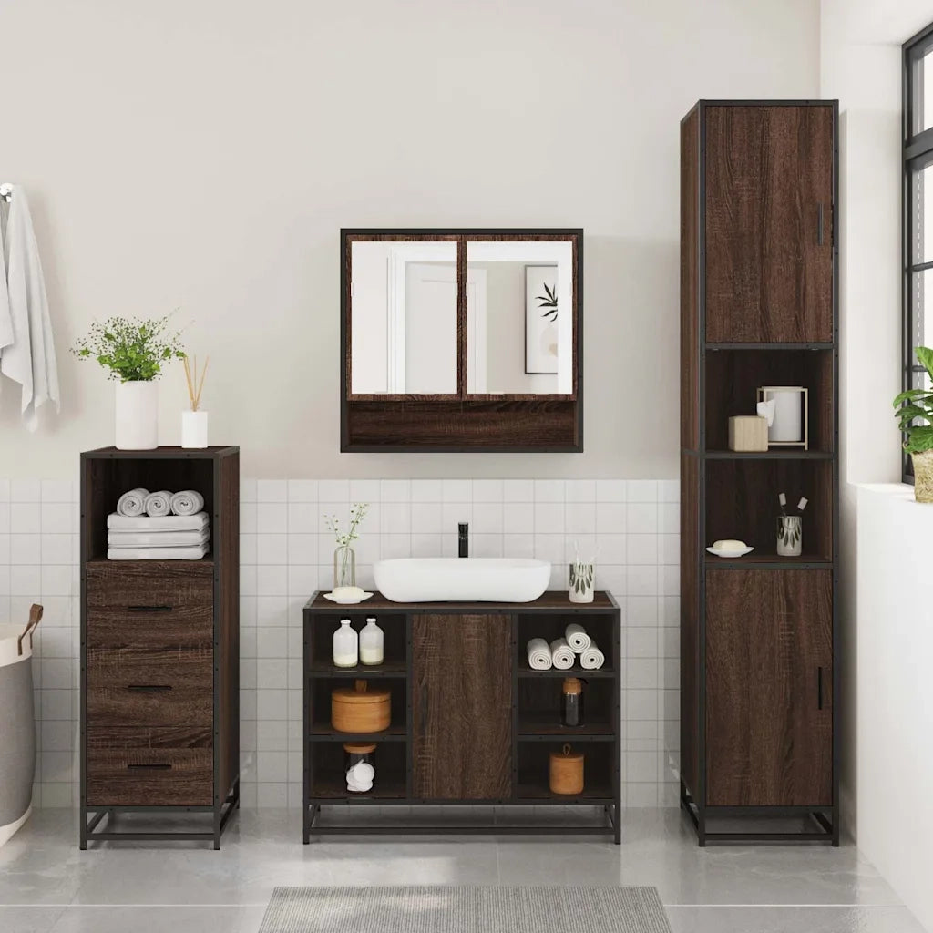 Set Mobili da Bagno 3 pz Rovere Marrone in Legno Multistrato