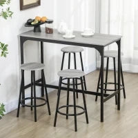 Set da Pranzo 5 Pezzi con Bancone da Bar 110x50x89.5 cm e Sgabelli Ø30x60.5 cm in Legno e Metallo Grigio e Nero