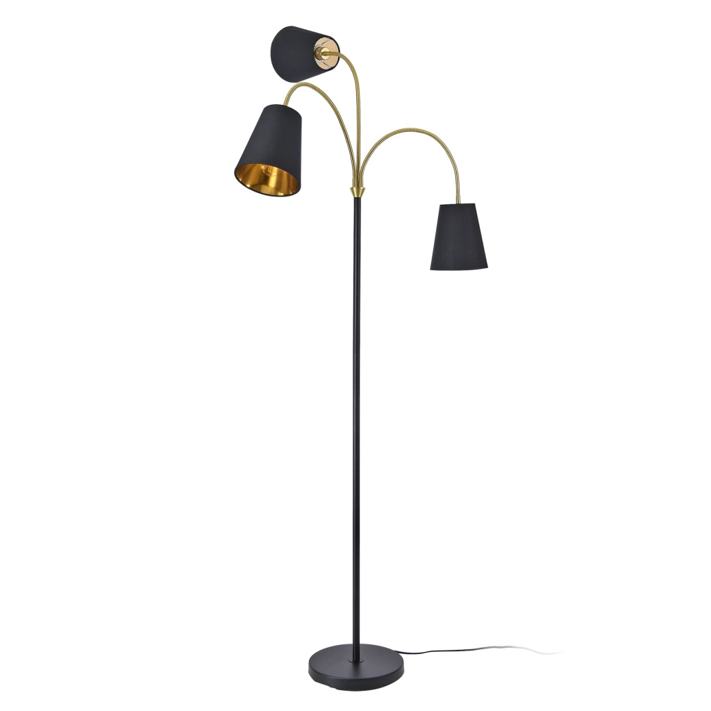 Lampada da Terra Wycombe Bracci Flessibili e 3 Paralumi Conici - Nero / Dorato lux.pro