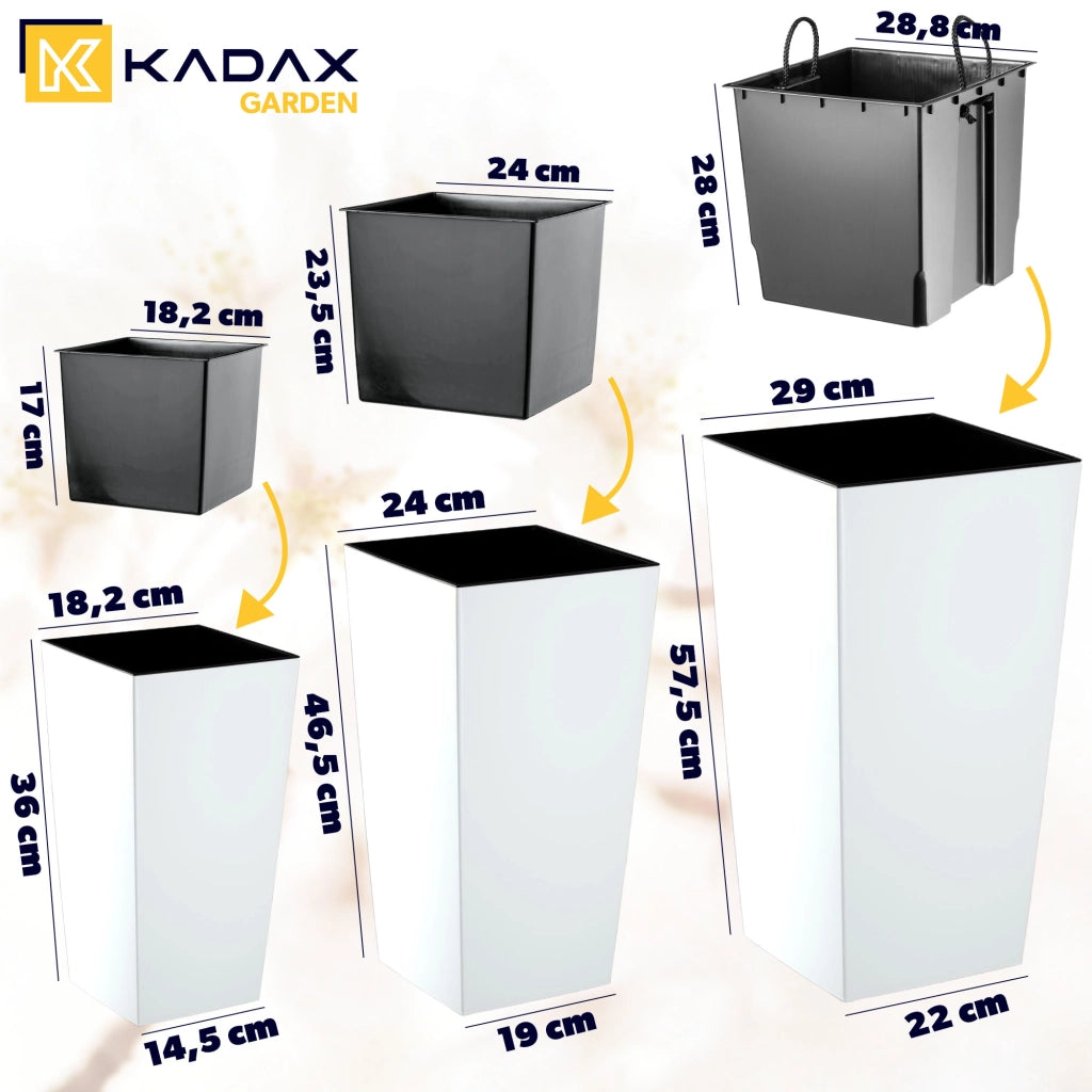 Set di 3 vasi da fiori KADAX, vasi da giardino + inserti, alti, grandi, bianchi, 37+47+57 cm