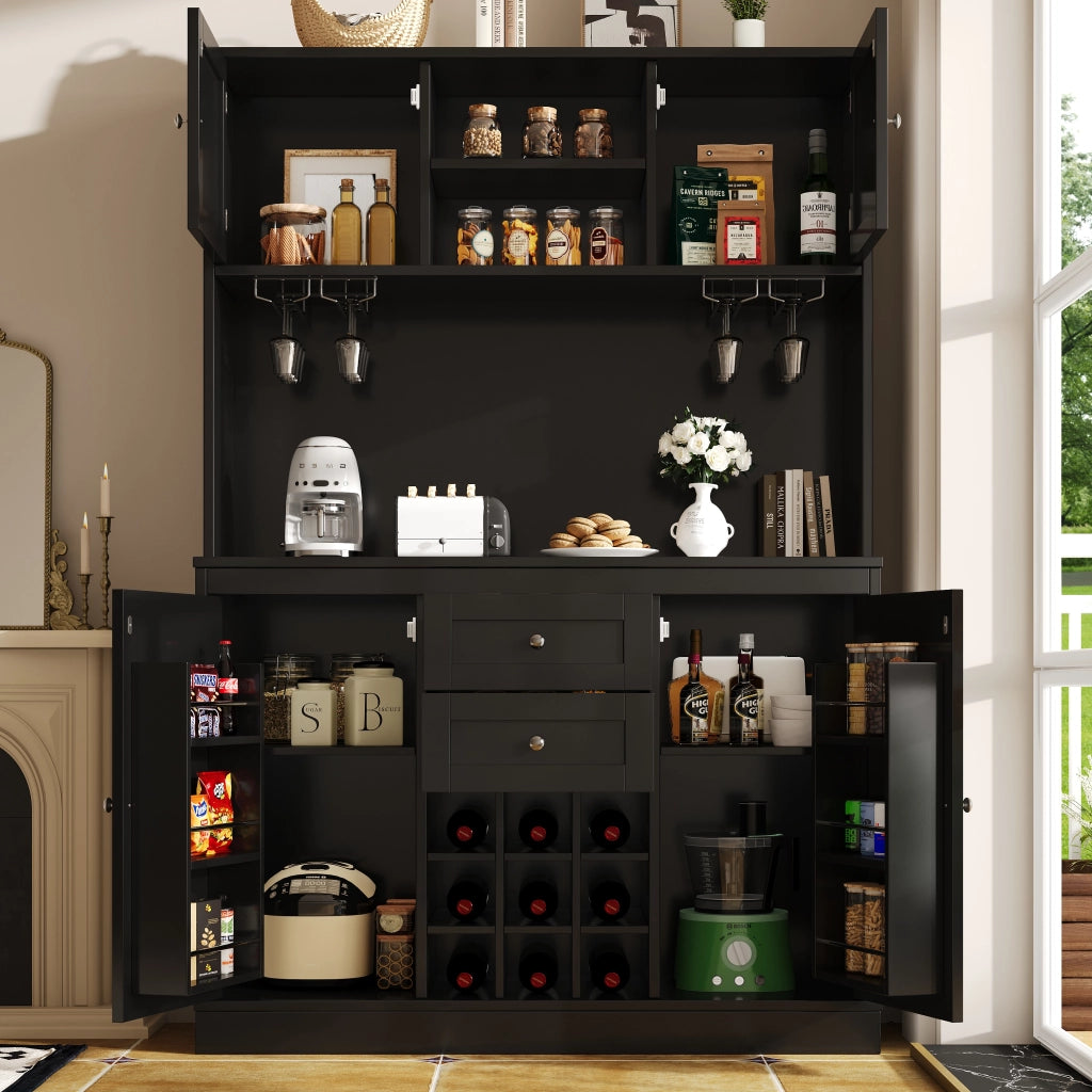 Credenza Cucina Alta con 4 Ante; 2 Cassetti; Ripiani Regolabili e Portabottiglie in MDF 120x40x188 cm Nero