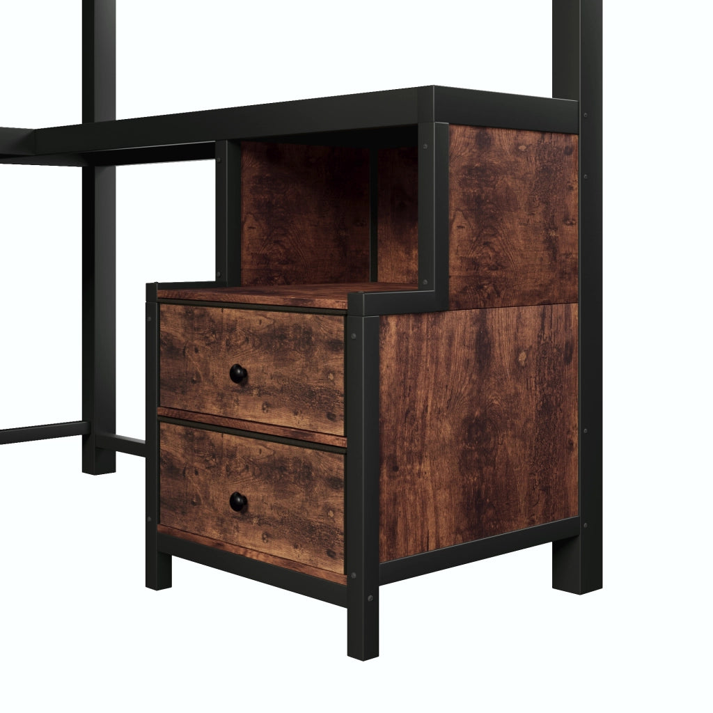 LETTO a soppalco 140x200 cm in metallo nero con scrivania, ripiani e barra appendiabiti