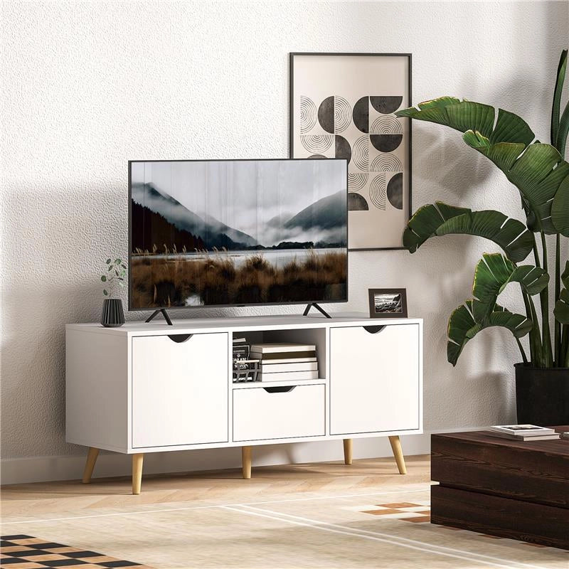 MOBILE PORTA TV MAX 50" CON CASSETTO, RIPIANO APERTO E ARMADIETTI, 110X40X50 CM, BIANCO E LEGNO