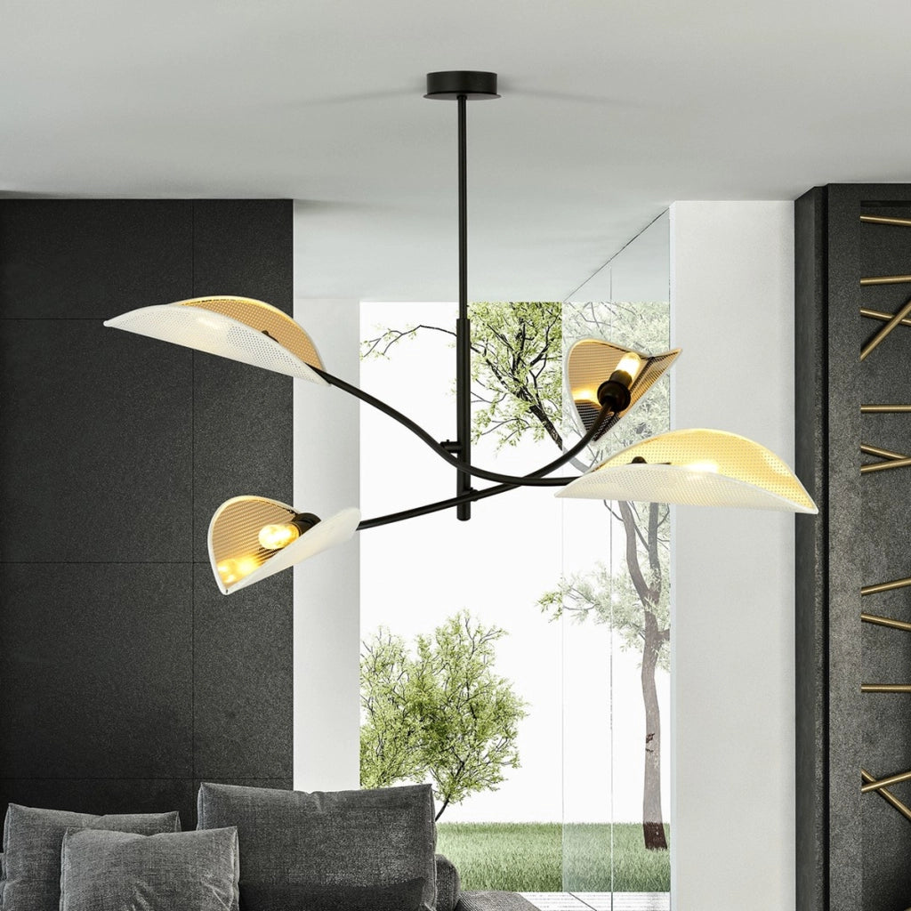 Lampada a sospensione Lotus in acciaio nero e paralumi bianco e oro