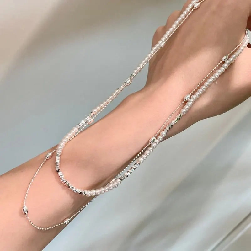 Collana a doppio strato di perle d'argento fatta a mano, regalo di Natale o di compleanno.