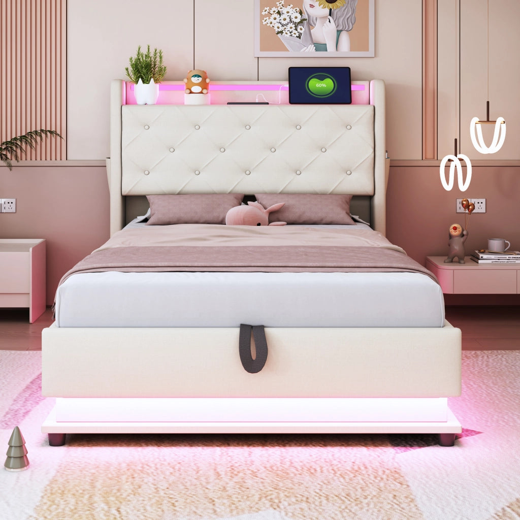 Letto singolo 90×200 cm con contenitore; testiera apribile; LED; USB e Type-C; senza materasso; lino; beige