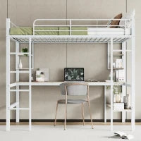 Letto a soppalco 140x200 cm in metallo con scrivania e scaffali, senza materasso, Bianco