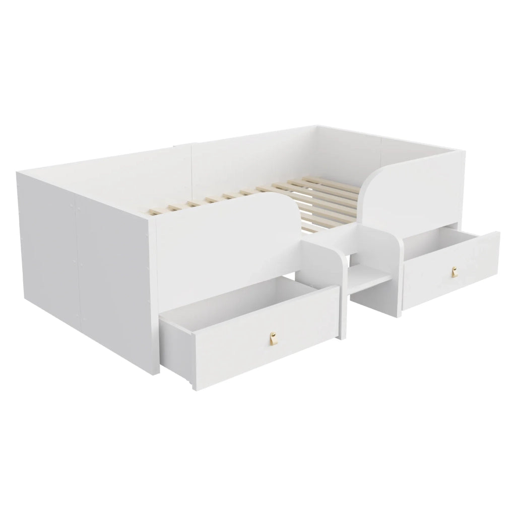 Letto singolo in legno bianco 90x200 cm con 2 grandi cassetti e piccola scala di sicurezza