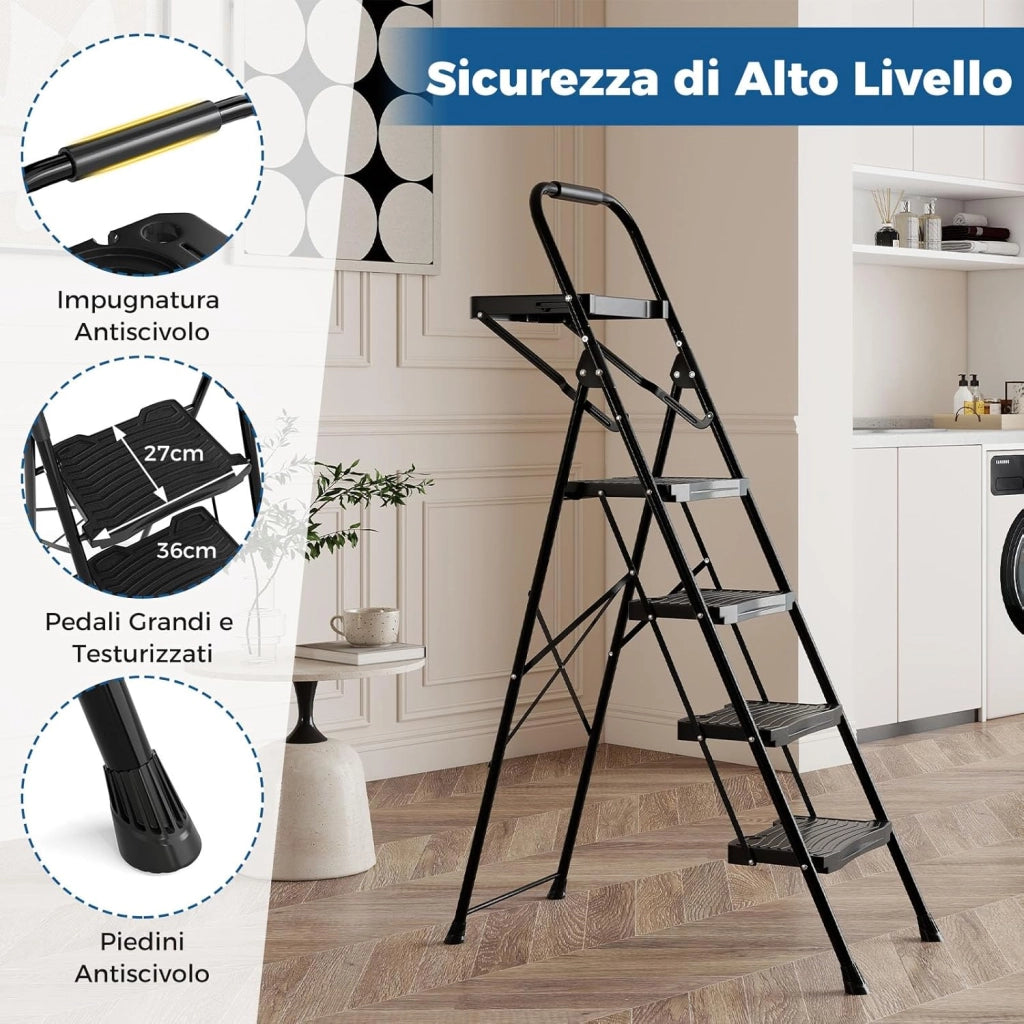 Scala a 4 Gradini, Scaletta Pieghevole in Acciaio con Antiscivolo per Piedi e Maniglia e Vassoio Porta Attrezzi, Carico Massimo 150kg, per Cucina, Giardino e Ufficio