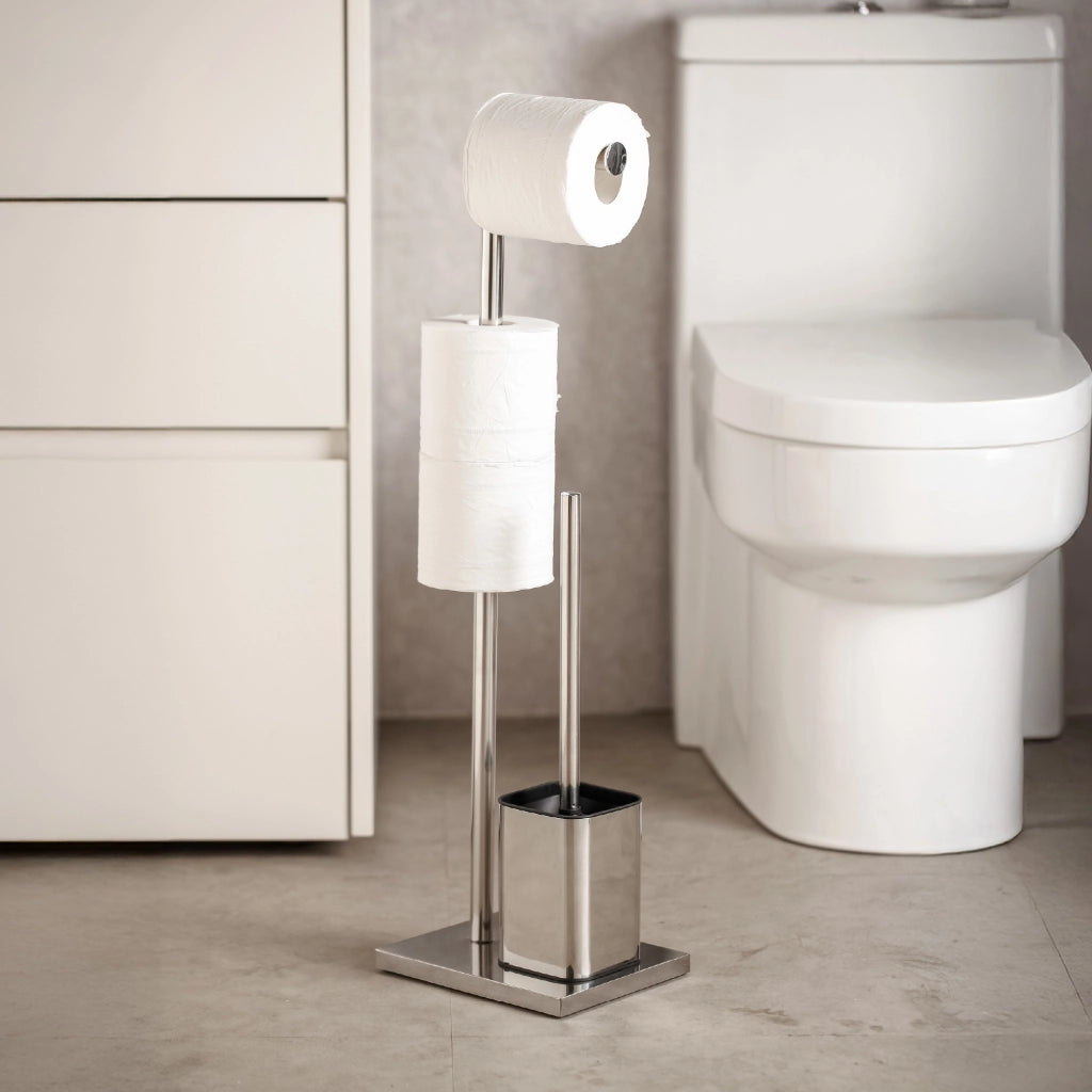 Accessori Bagno da Terra in Acciaio Inox – Piantana Porta Rotolo Carta Igienica con Scopino Water / Porta Salviette Multibraccio – Design Moderno Antiruggine, Base Stabile, Facile da Pulire Modello Enea