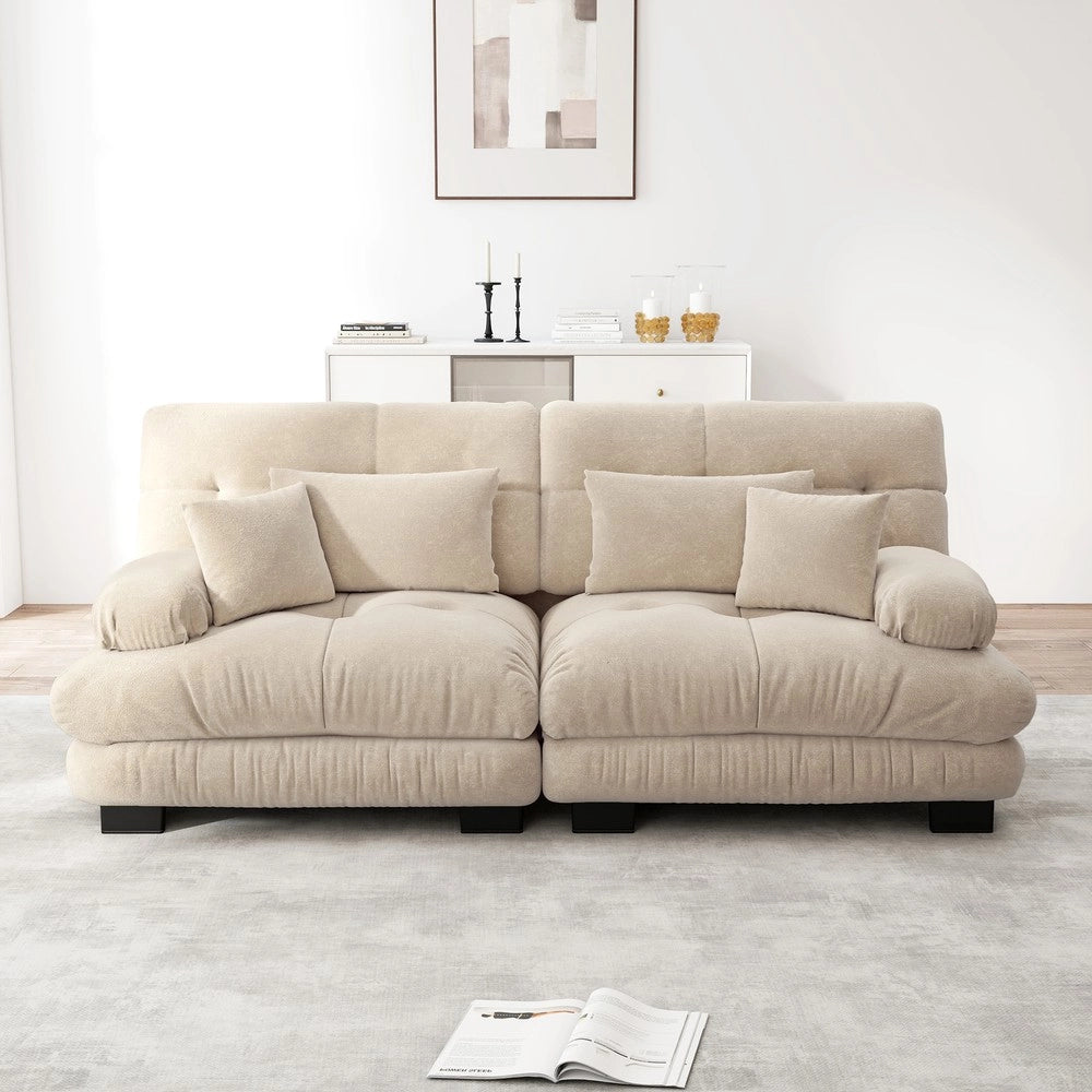 Divano angolare con cuscini ¨C Minimal ¨C tessuto chenille marrone chiaro struttura in legno massello