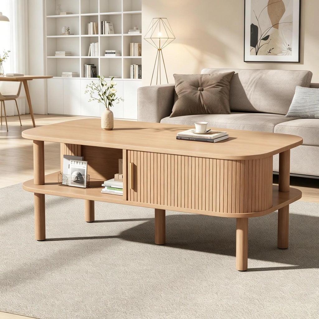 Tavolino da caffè 110×55×45 cm in MDF, design scandinavo con porta scorrevole, vani aperti e portata fino a 60 kg