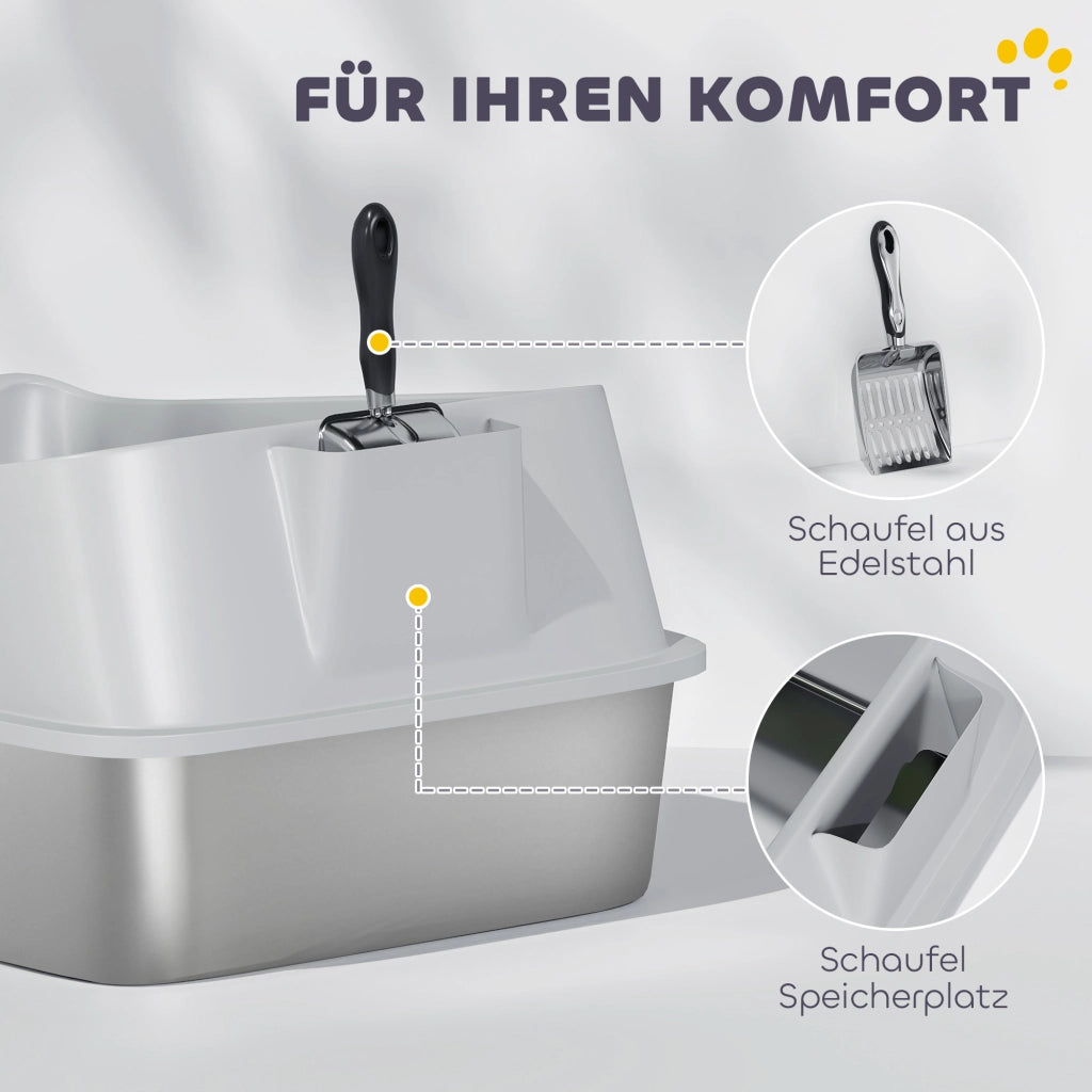 Lettiera per gatti in acciaio inox con bordo alto e paletta ¨C Xylo ¨C 69,8x50,3x29,8 cm grigio