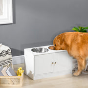 Mangiatoia per cani rialzata con 2 ciotole in acciaio inox, vano da 44 L, porte magnetiche bianca