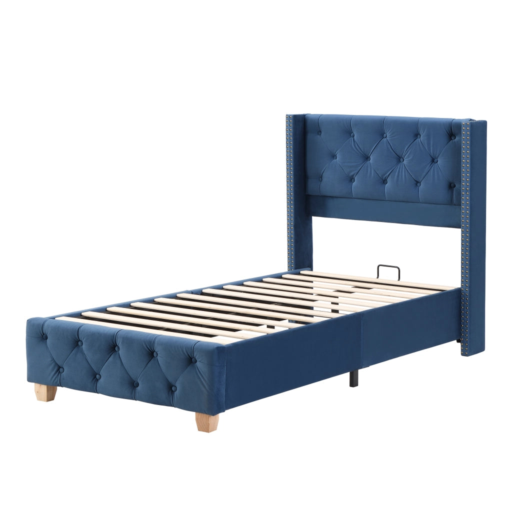 Letto Singolo 90 x 200 cm; 1 Posto con Testiera Imbottita e Piedi in Legno; senza Materasso; Velluto Blu
