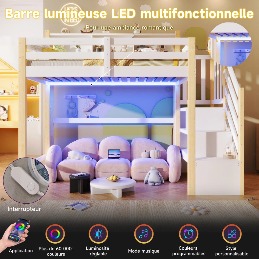 Letto alto 90x200 cm con illuminazione a LED e scaletta contenitore in pino bianco
