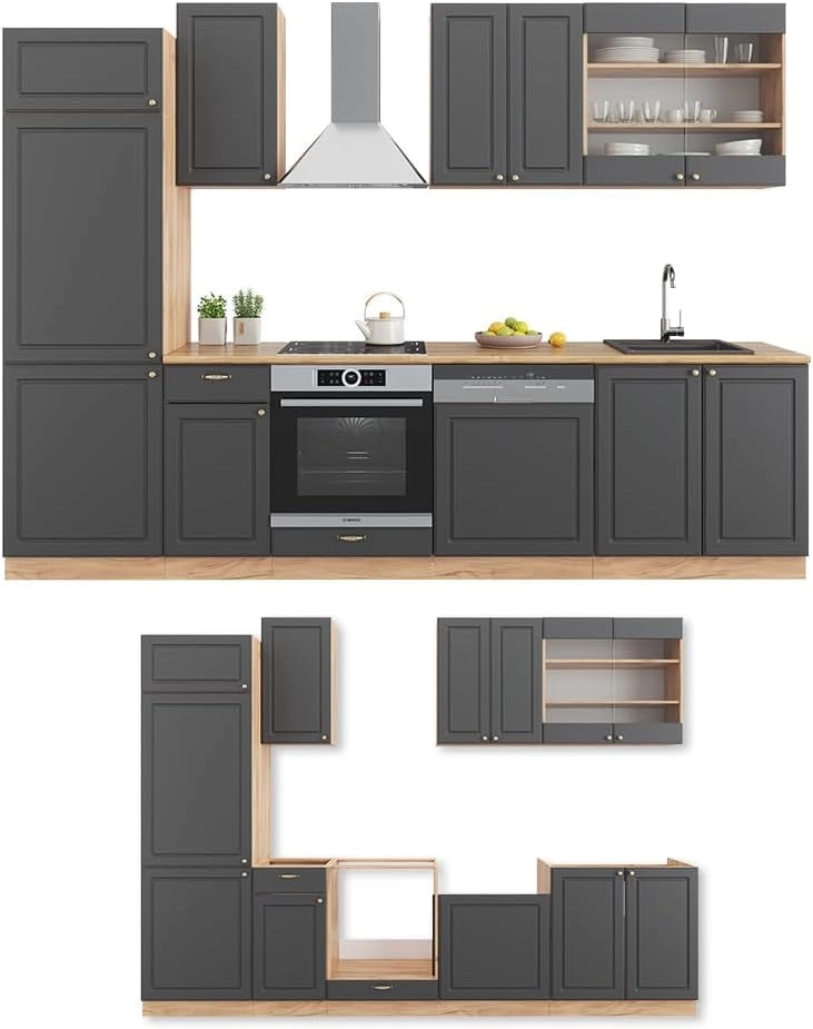 Cucina componibile Fame-Line, Antracite Country House/oro Kraft Oak, 300 cm senza piano di lavoro, adatto per l'espansione modulare individuale e la disposizione flessibile