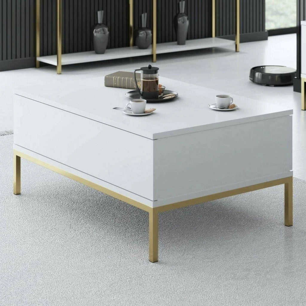 Tavolino da salotto Vespero, Tavolo basso da caffè, Portariviste per divano, Ripiano da soggiorno, 90x60h40 cm, Bianco e Oro