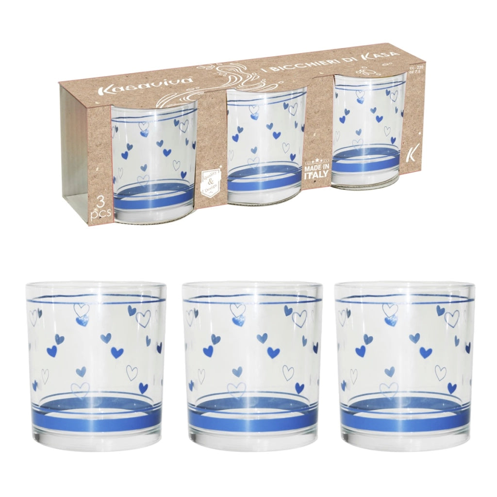 AVIO TRIS DI BICCHIERI PER ACQUA CON DESIGN A CUORICINI BLU