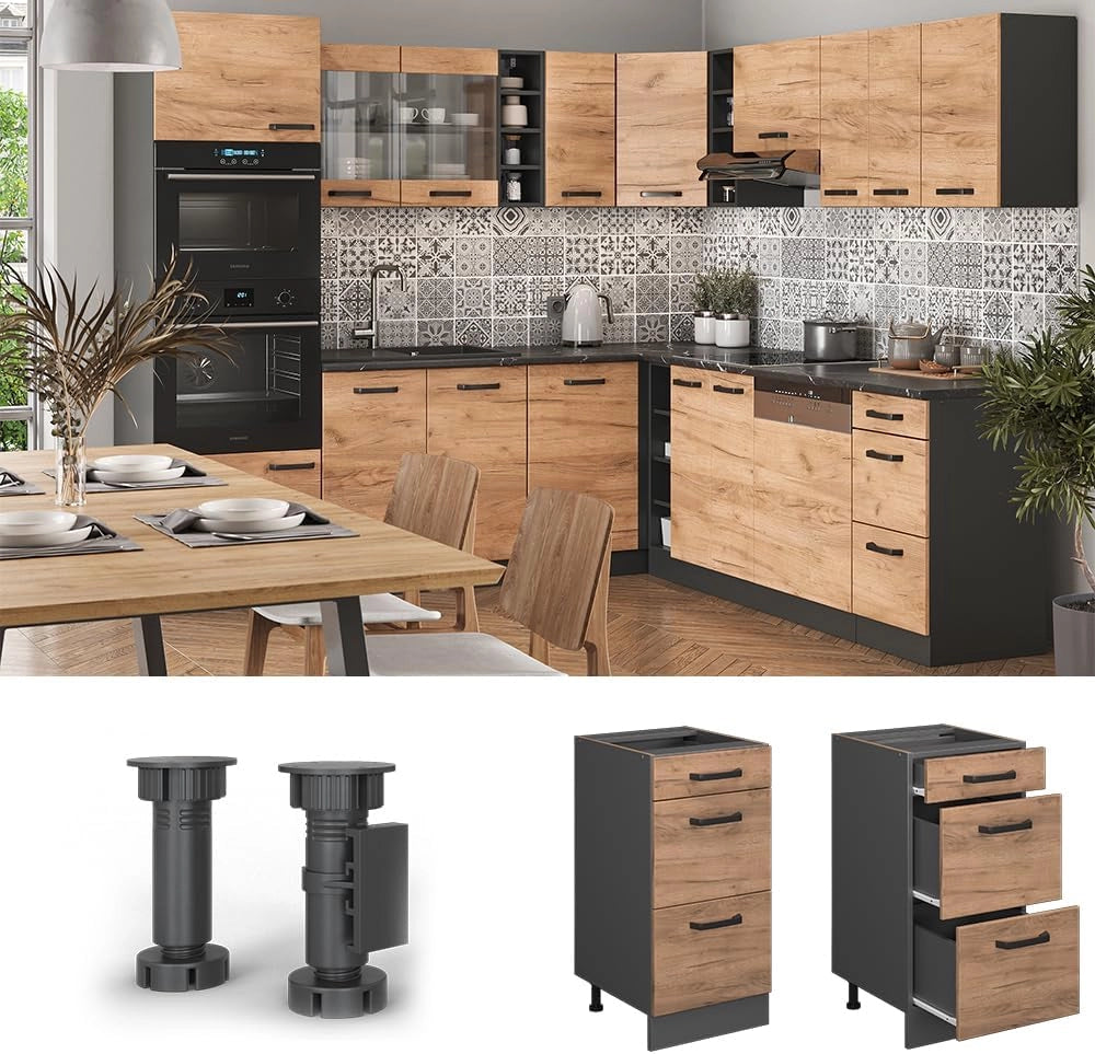 Mobiletto base per cucina R-Line, Quercia dorata, 40 cm con cassetti, senza piano di lavoro, per la libera combinazione all'interno di sistemi cucina modulari