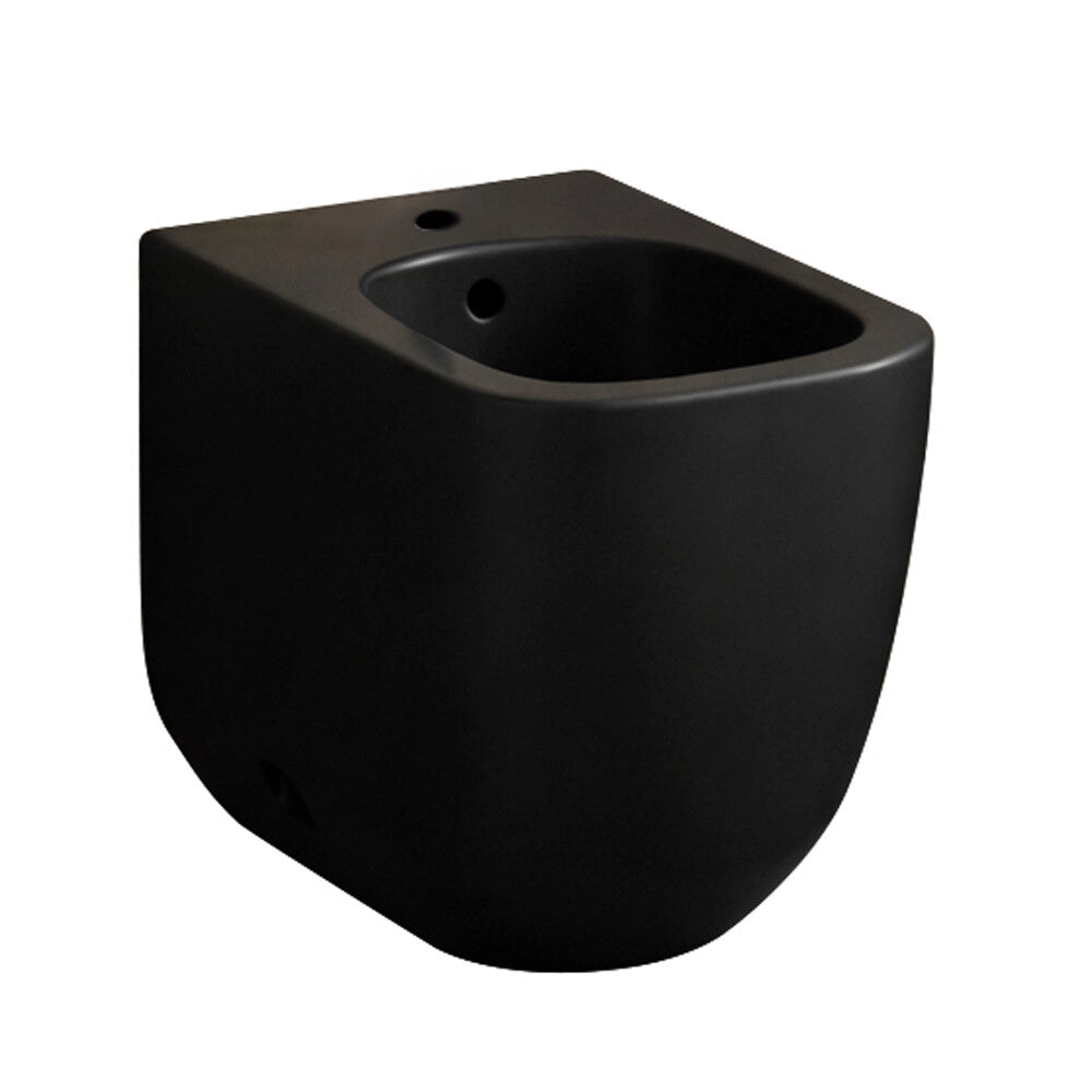 Sanitari filo muro in ceramica nero opaco con copriwc e scarico tornado design arrotondato Kora