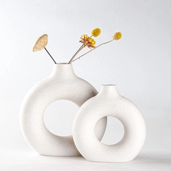 Set di vasi ceramici in stile donut bianchi per accessori di design moderno, vasi rotondi opachi per pampas, stile boho neutro minimalista scandinavo per vasi di fiori (supergrandi + grandi)