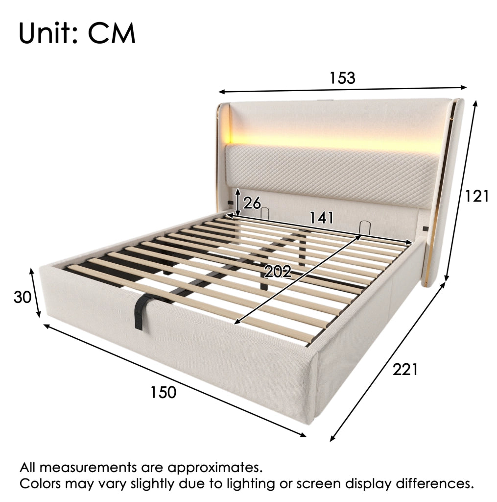 Letto matrimoniale 140x200 beige con LED, ricarica e materasso