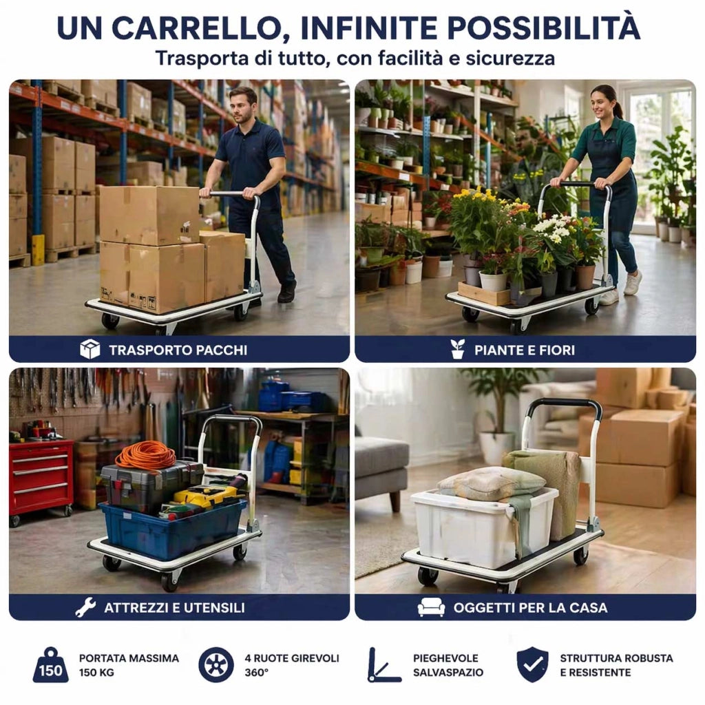 Carrello Portapacchi Portattutto da Trasporto con Manico Pieghevole e Tappetino