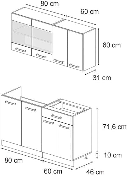 Cucina componibile R-Line, Bianco casa di campagna, 140 cm, PL Rovere, adatto a spazi piccoli, espandibile in modo modulare
