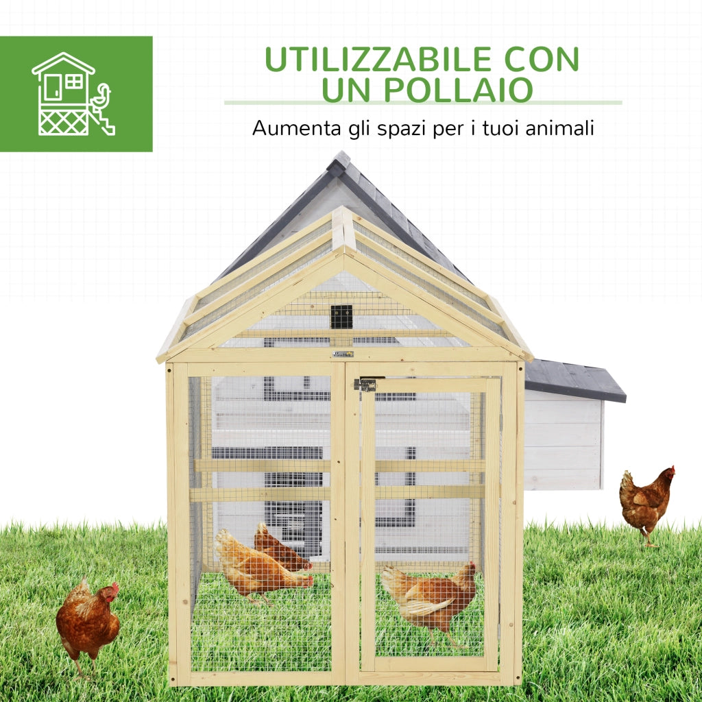 Recinto per Galline all'Aperto 140x88,5x106 cm con Porte Multiple e Rete in Metallo in Legno Naturale