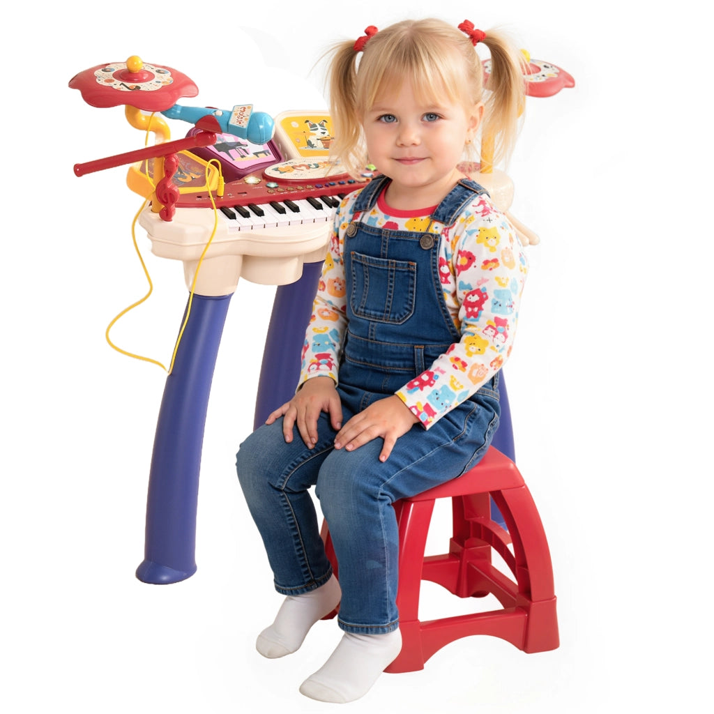 Set Musicale 2 in 1 per Bambini con Pianoforte e Batteria Elettronica, Microfono e Sgabello, Effetti Luminosi