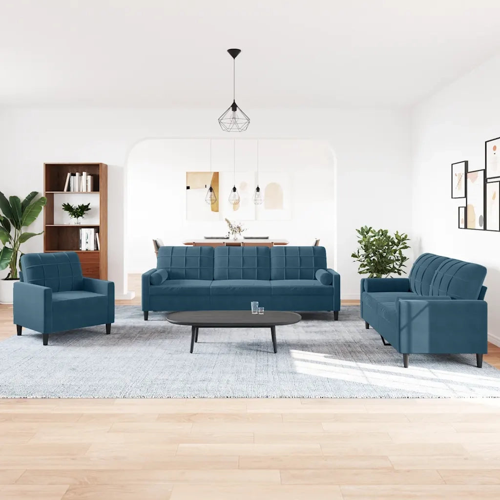 Set di Divani 3 pz con Cuscini e Rinforzi Blu in Velluto 3278460