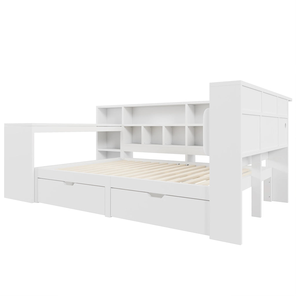 Letto a piattaforma a L 140x200 cm con scrivania; libreria; LED e USB; bianco