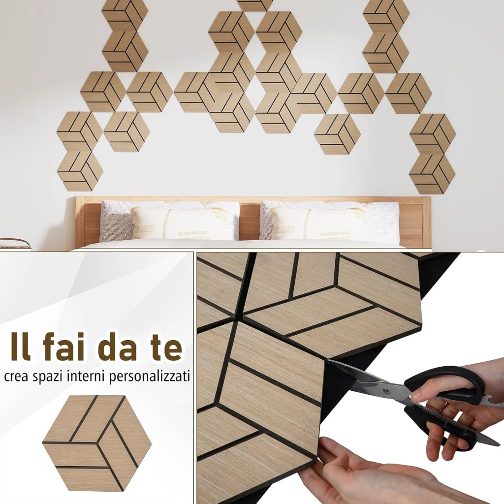 Set di 4 Pannelli Fonoassorbente, Pannelli Acustici per Pareti, 81x 66 cm, 9 Tavoletta Esagonali in Legno, per Riduzione del Rumore, Decorazione Interna, 2,1 m²