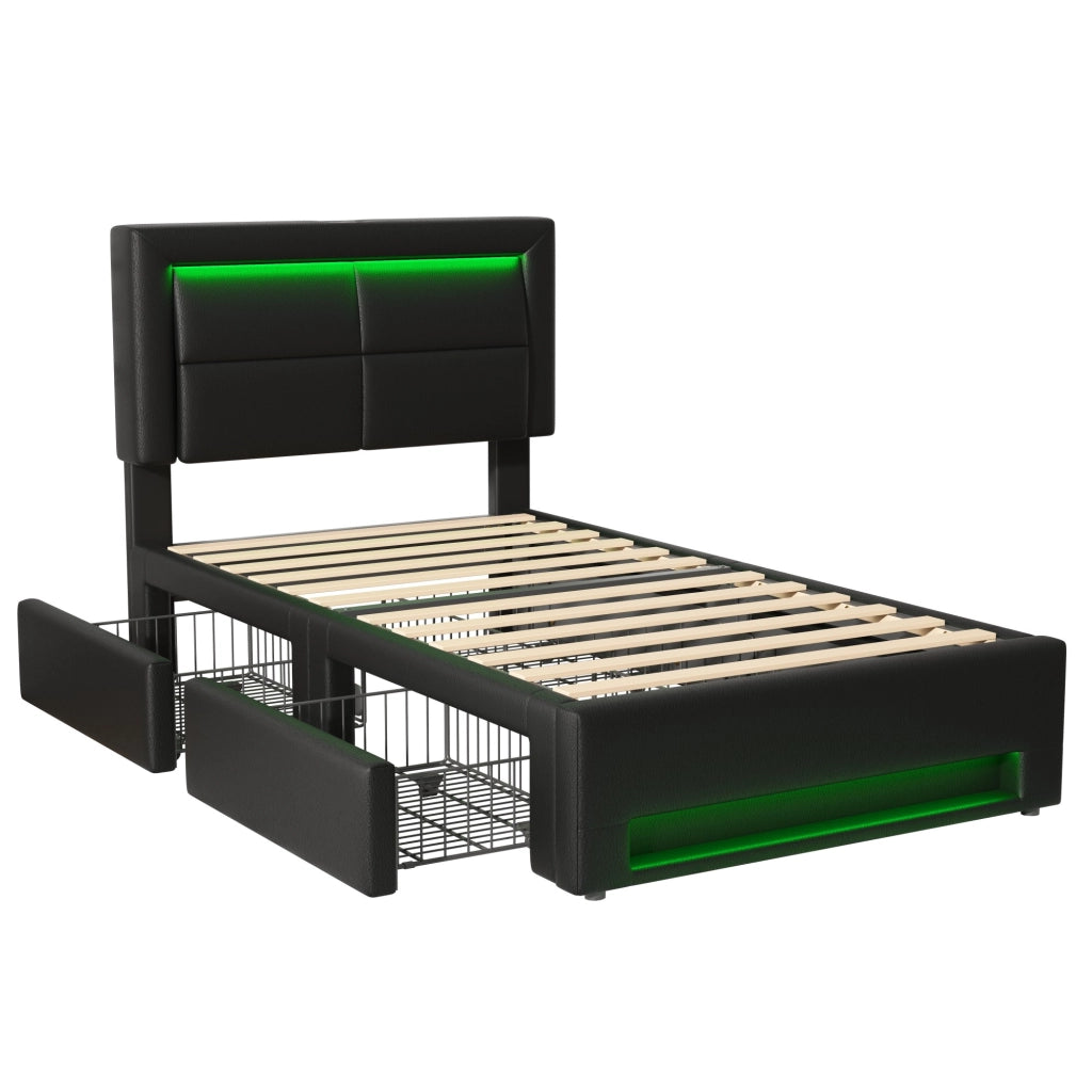 Letto Singolo 90 x 200 cm con USB; LED e 4 Cassetti in PU Nero