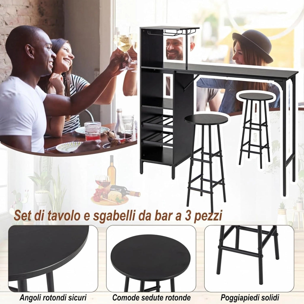 Set 3 Pezzi Tavolo e Sedie da Bar, Tavolo e Sgabelli da Pub Industriale con Porta Calici e 6 Portabottiglie da Vino, Set di Tavolo per Sala da Pranzo, Ristorante e Bar (Nero)