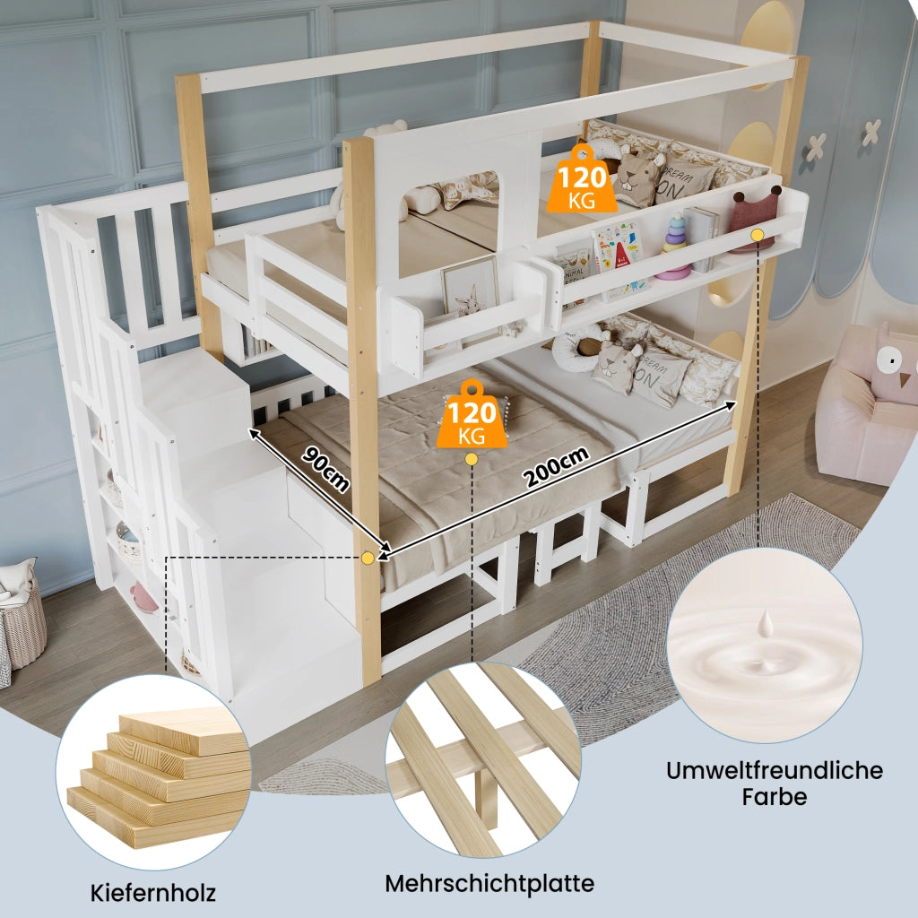 Letto a soppalco per bambini 90 × 200 cm con tavolo pieghevole, scala contenitore et sponde di sicurezza, senza materasso, bianco naturale
