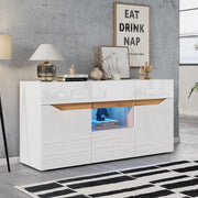 Credenza LED bianca e legno, 4 cassetti e 2 vani
