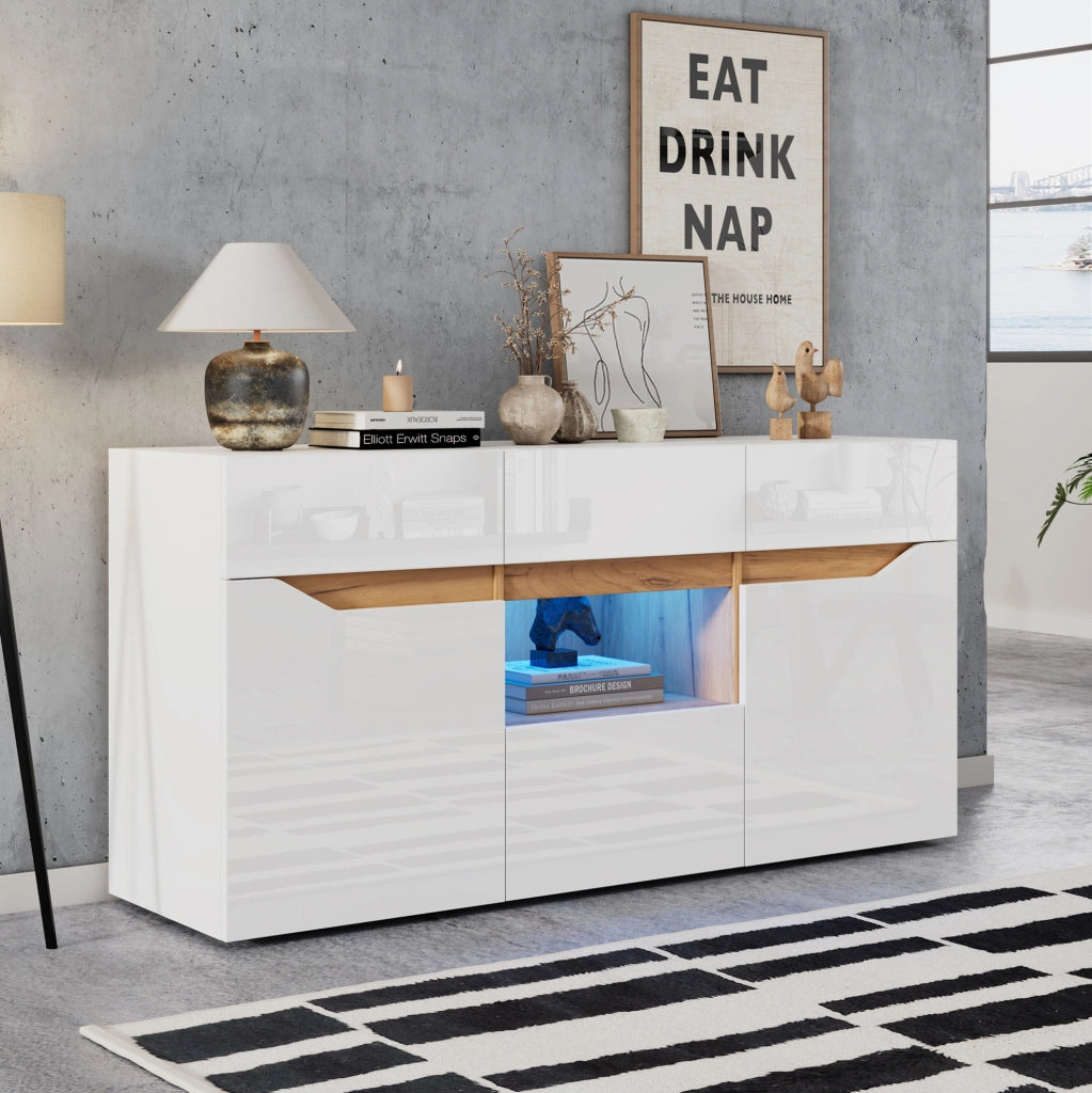 Credenza LED bianca e legno, 4 cassetti e 2 vani